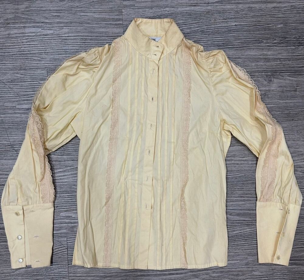 Vintage Gary Frederic Pale Yellow Victorian Blouse Lace Trim Long Sleeve Shirt L